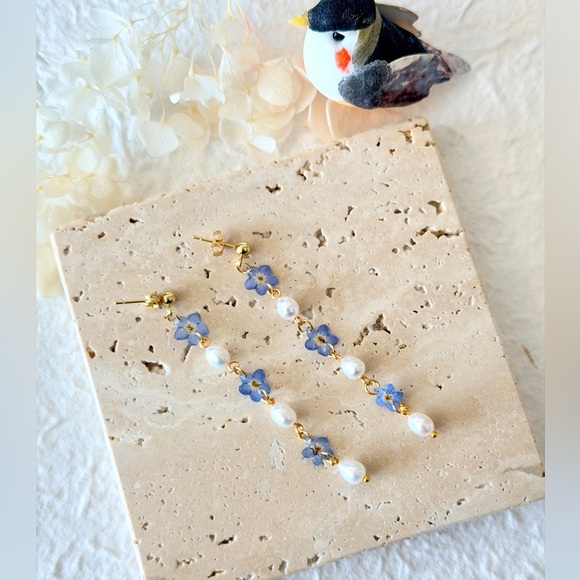 Jewelry - Handmade Delicate Blue Forgive Me Not Pearl Drop Earrings - Women Jewelry